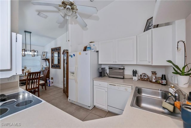 kitchen with sink, white cabinets, decorative light fixtures, white appliances, and light tile patterned flooring