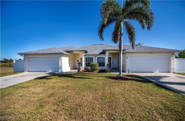 single story home with a garage and a front lawn