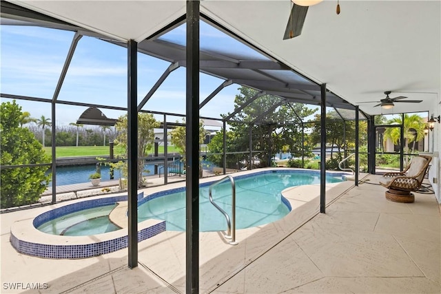 view of pool with a water view, ceiling fan, a lanai, an in ground hot tub, and a patio area