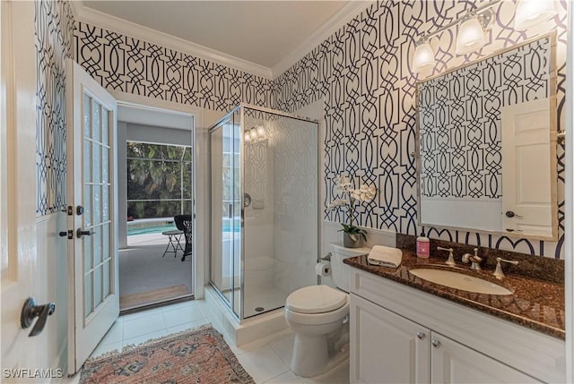 bathroom featuring walk in shower, toilet, tile patterned flooring, and ornamental molding