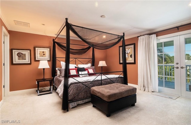 carpeted bedroom with multiple windows, crown molding, access to outside, and french doors