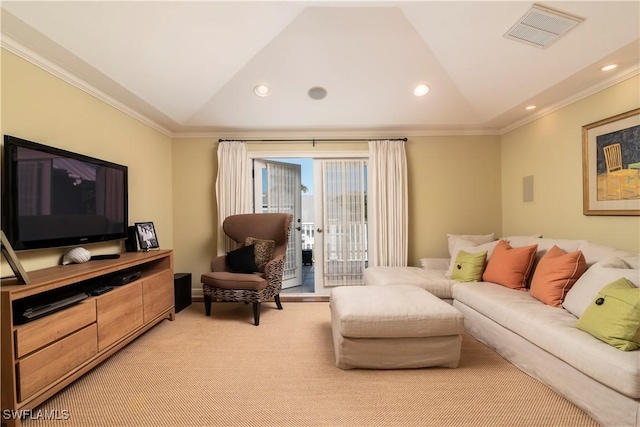 carpeted living room with vaulted ceiling and ornamental molding