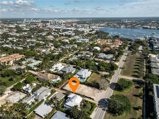 aerial view featuring a water view