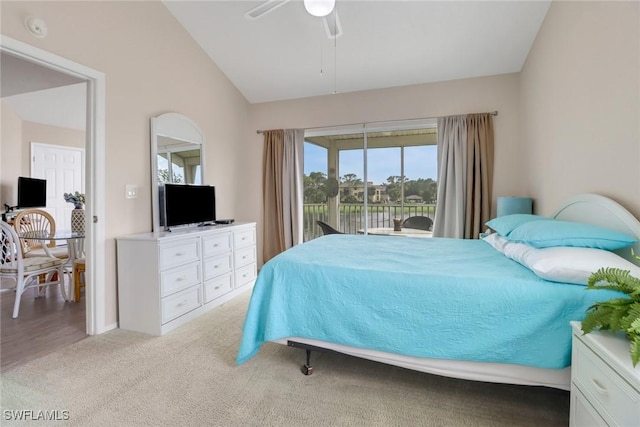 bedroom featuring access to exterior, ceiling fan, light colored carpet, and lofted ceiling