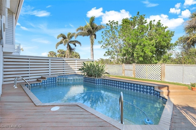 view of swimming pool featuring fence, a deck, and a fenced in pool