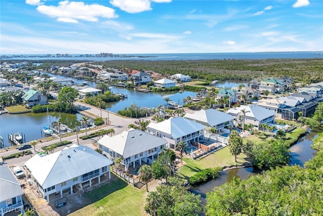 bird's eye view with a water view