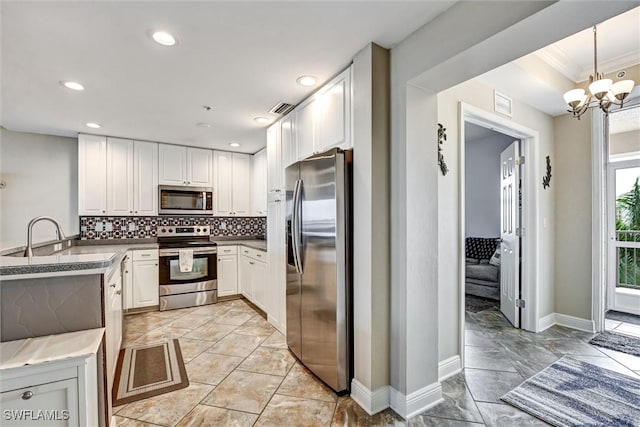 kitchen featuring pendant lighting, decorative backsplash, white cabinets, appliances with stainless steel finishes, and sink