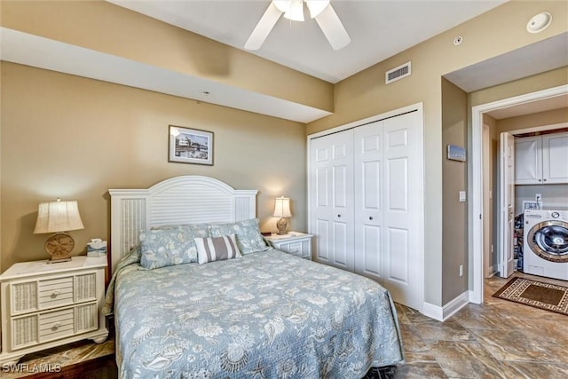 bedroom featuring washer / dryer, a closet, and ceiling fan