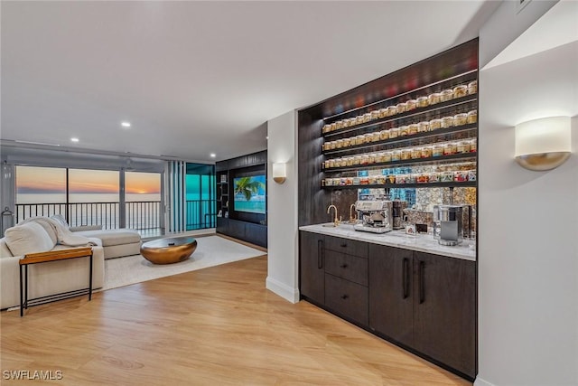 bar featuring dark brown cabinetry and light hardwood / wood-style floors