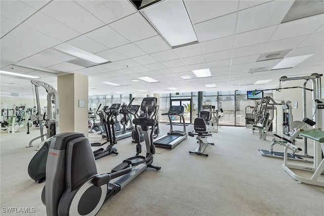 gym featuring a drop ceiling and a wall of windows