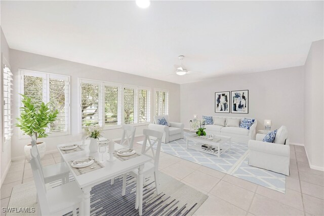 interior space featuring ceiling fan