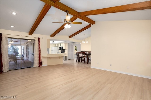 unfurnished living room featuring beamed ceiling, high vaulted ceiling, ceiling fan with notable chandelier, and light wood-type flooring