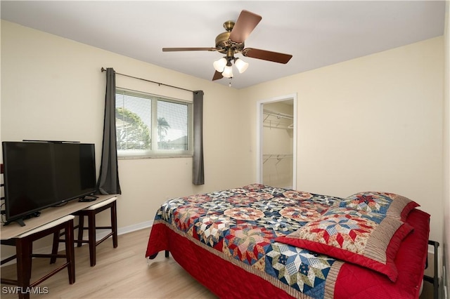 bedroom featuring ceiling fan, a closet, a spacious closet, and light wood-type flooring