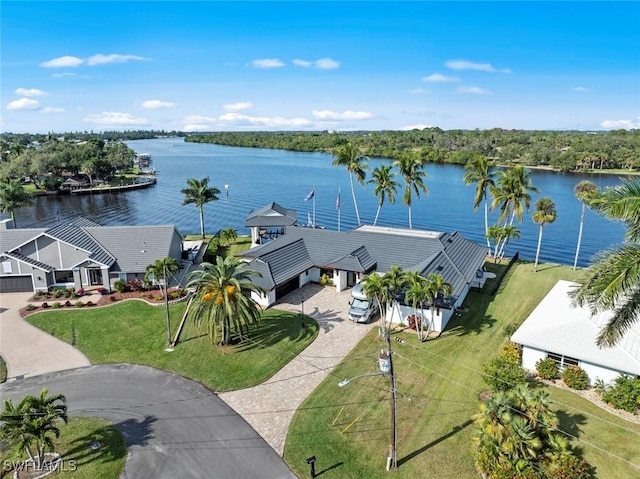 bird's eye view with a water view