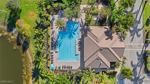 drone / aerial view featuring a water view