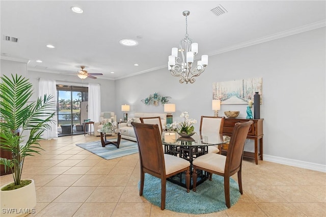 tiled dining space with crown molding and ceiling fan with notable chandelier