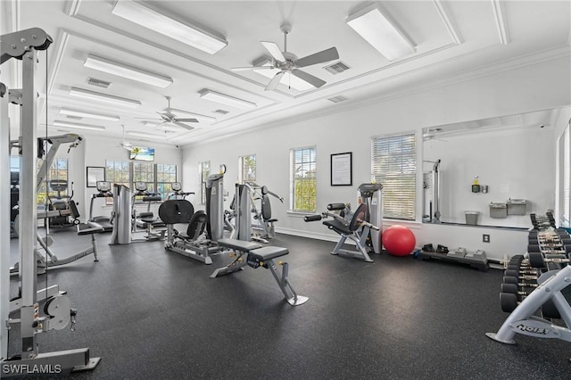 workout area with ceiling fan, plenty of natural light, and ornamental molding