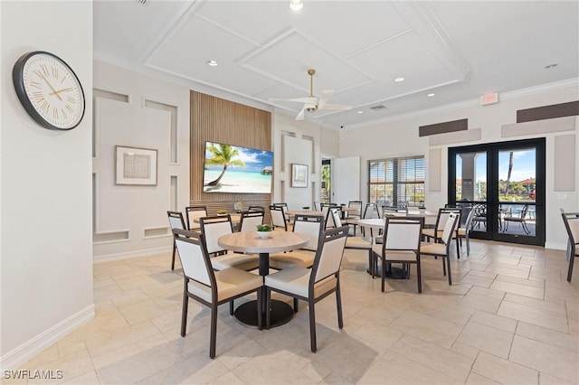 dining room featuring french doors, ceiling fan, and ornamental molding