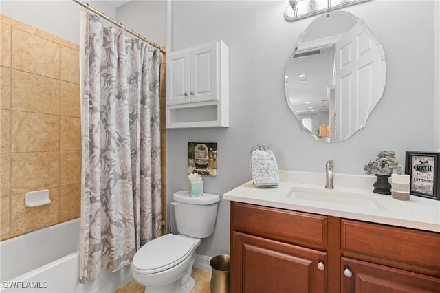 full bathroom featuring shower / tub combo, vanity, and toilet