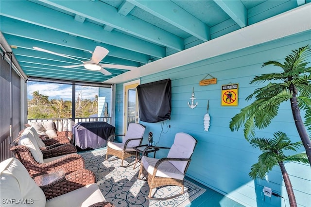 view of patio with outdoor lounge area, ceiling fan, and area for grilling