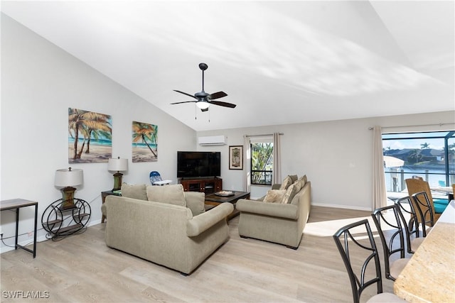 living room with a wall mounted AC, ceiling fan, light hardwood / wood-style floors, and lofted ceiling