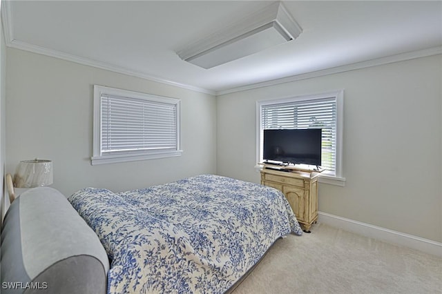 bedroom featuring light colored carpet and ornamental molding