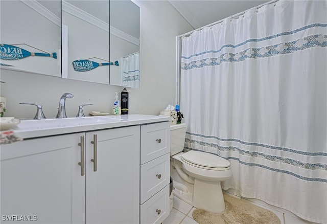 bathroom with tile patterned flooring, vanity, toilet, and ornamental molding