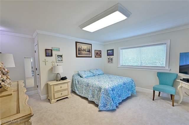 bedroom featuring light colored carpet and crown molding