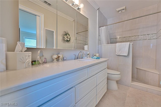 bathroom featuring vanity, curtained shower, toilet, and ornamental molding