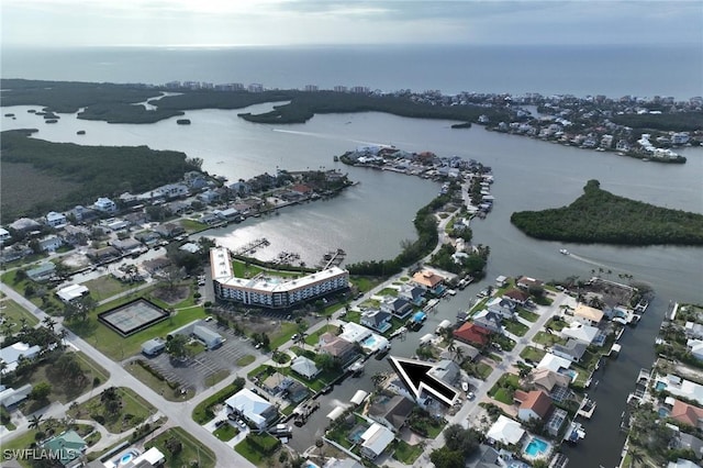 aerial view featuring a water view