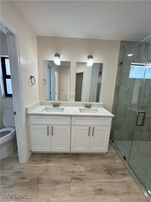 bathroom featuring vanity, toilet, and a shower with shower door