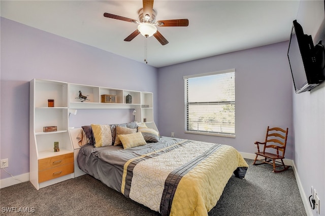 bedroom featuring ceiling fan and dark carpet