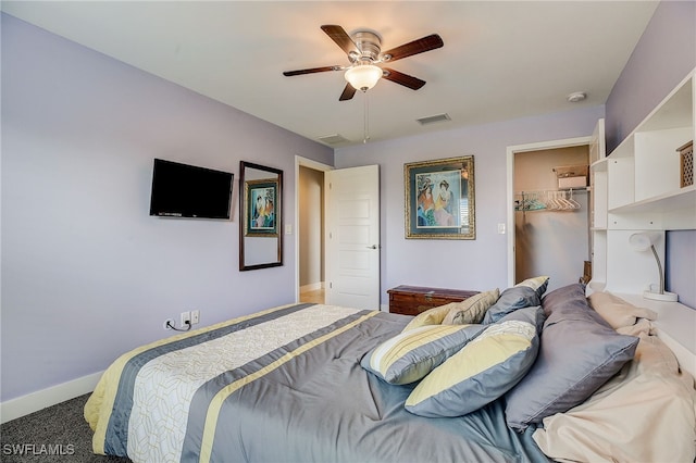 bedroom with ceiling fan, a walk in closet, carpet floors, and a closet