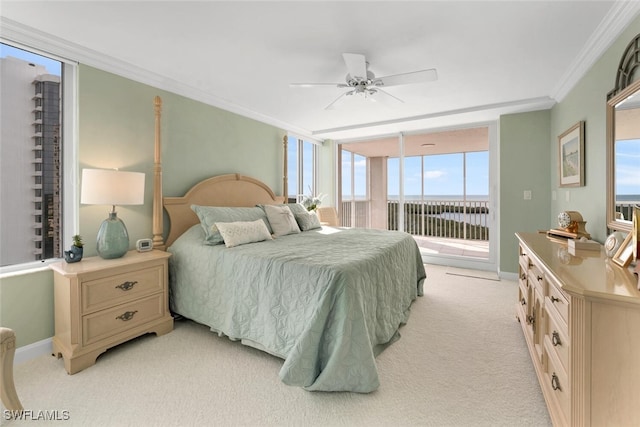 bedroom with light carpet, ceiling fan, access to outside, and crown molding