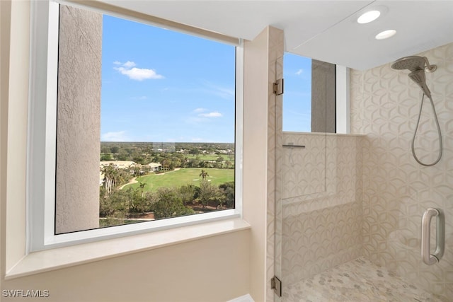 bathroom featuring a shower with door and a healthy amount of sunlight