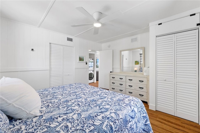 bedroom featuring hardwood / wood-style floors and ceiling fan