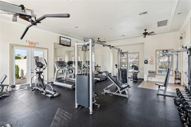 workout area with french doors, ceiling fan, and crown molding