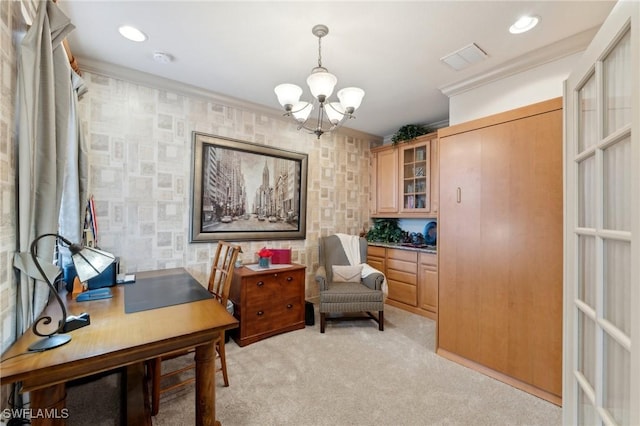 carpeted office space featuring french doors, a chandelier, and ornamental molding