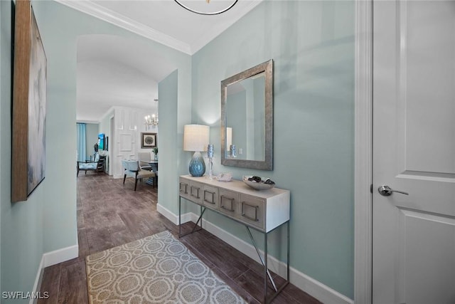 hall featuring dark hardwood / wood-style floors, an inviting chandelier, and crown molding