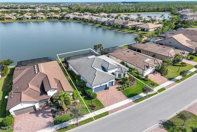 aerial view featuring a water view