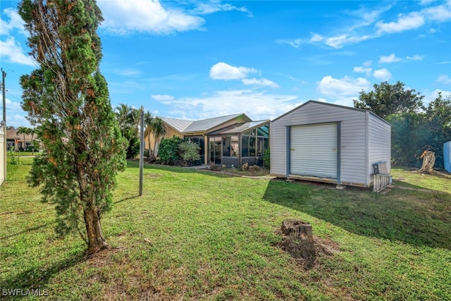 exterior space with a yard and a storage shed