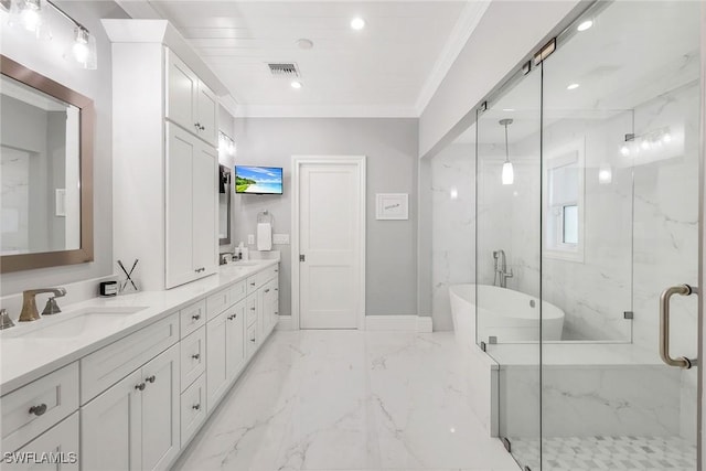 bathroom with vanity, wooden ceiling, separate shower and tub, and ornamental molding