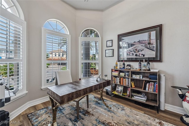 office with dark hardwood / wood-style floors and a wealth of natural light