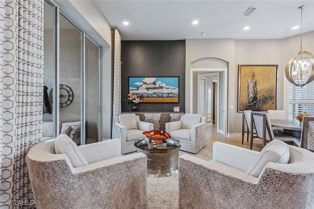 living room with a chandelier