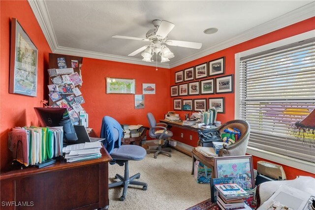 carpeted home office with crown molding and ceiling fan