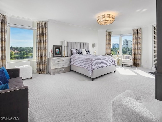 bedroom featuring crown molding and carpet