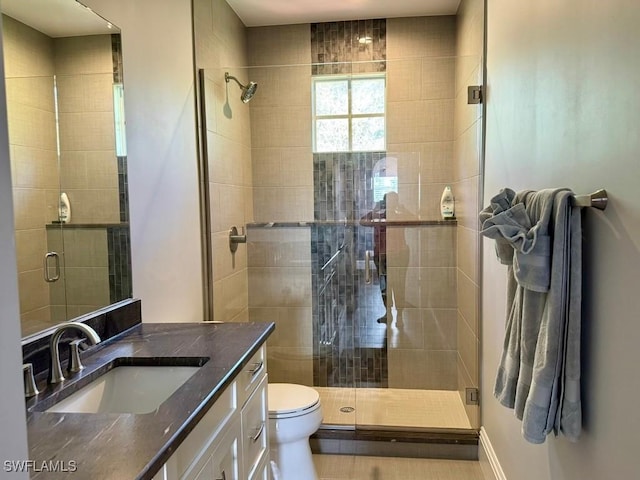 bathroom with vanity, toilet, and an enclosed shower