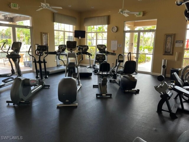 gym featuring ceiling fan and a healthy amount of sunlight