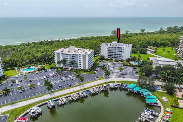 aerial view featuring a water view