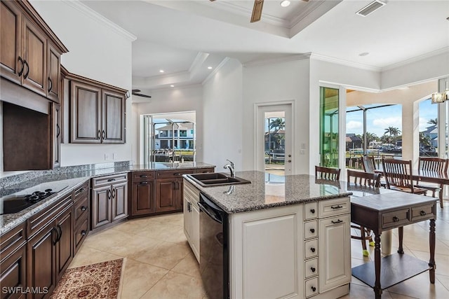 kitchen with sink, a tray ceiling, a kitchen island with sink, and black appliances